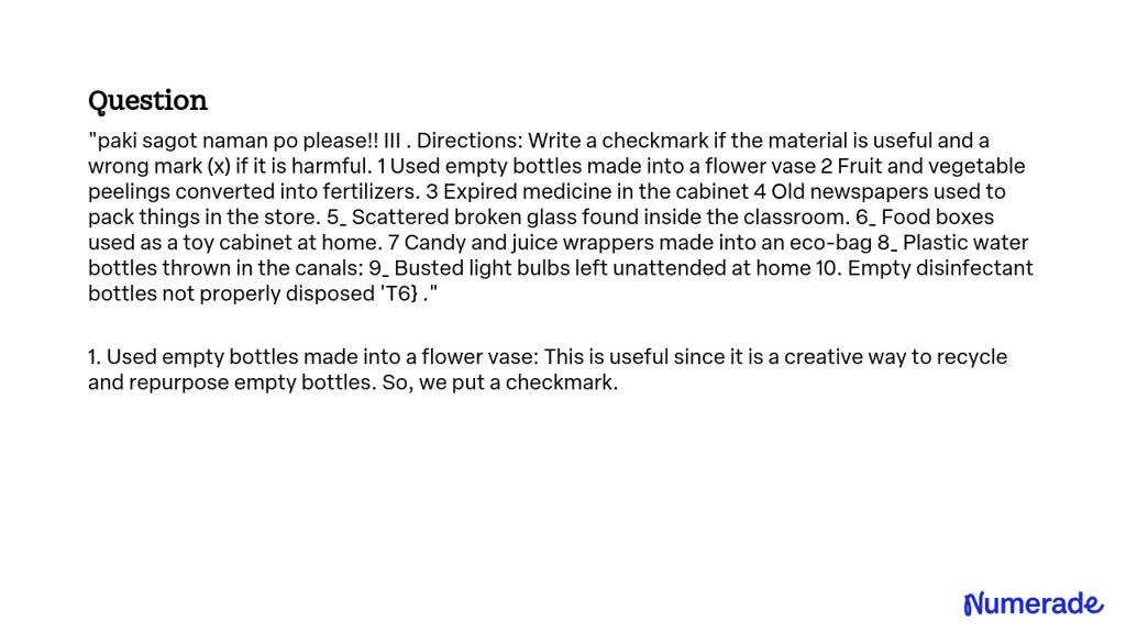 SOLVED: III. Directions: Write a checkmark if the material is useful ...