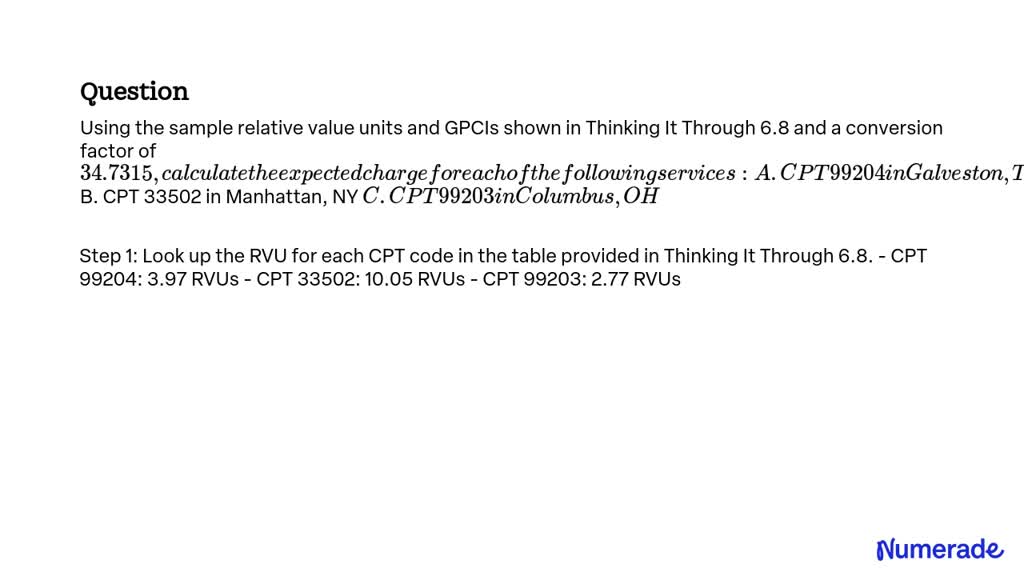 SOLVED: Using the sample relative value units and GPCIs shown in ...