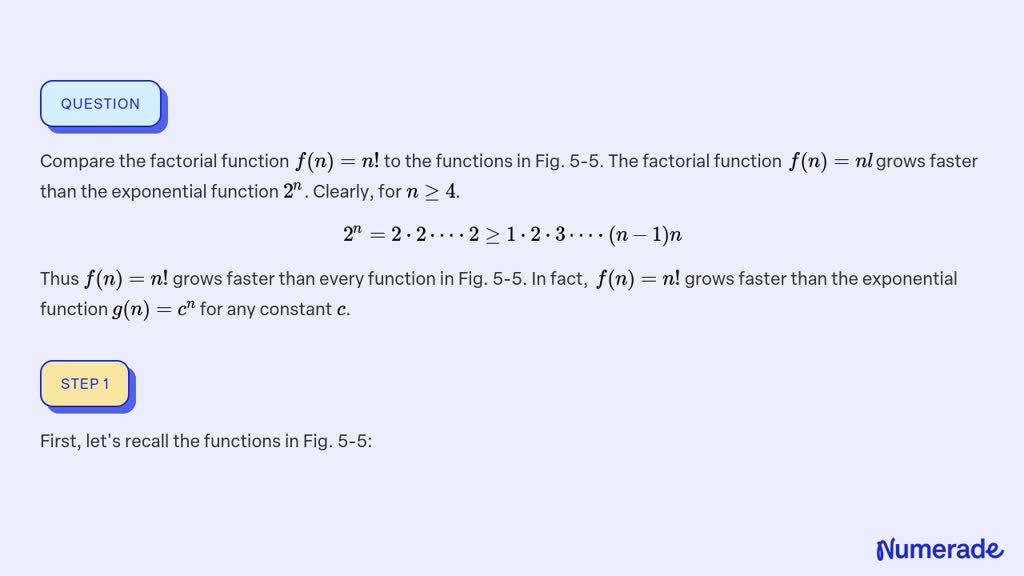 SOLVED:Compare the factorial function f(n)=n ! to the functions in Fig ...