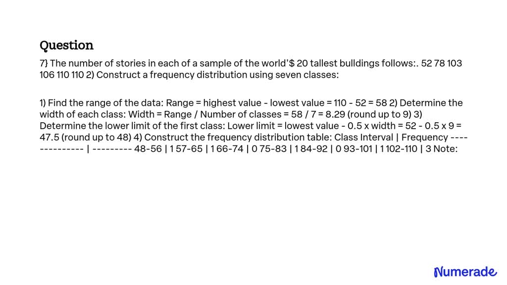 SOLVED: The number of stories in each of a sample of the world's 20 ...