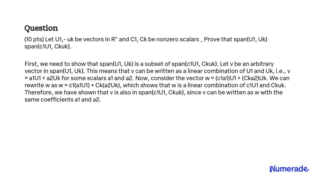 SOLVED: Let U1, U2, ..., Uk be vectors in R^n and C1, C2, ..., Ck be ...