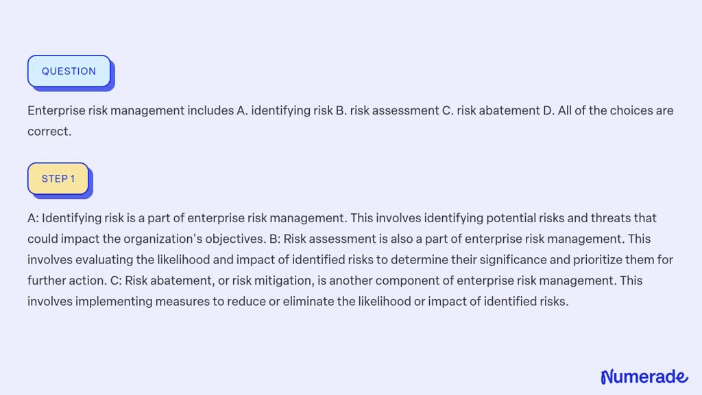 SOLVED:Enterprise Risk Management Includes A. Identifying Risk B. Risk ...