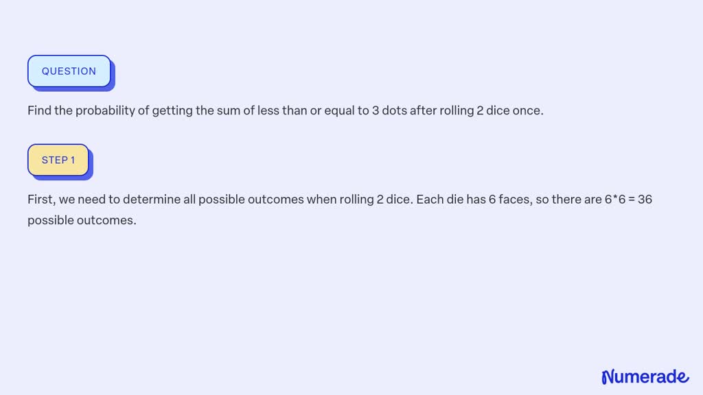 SOLVED: Find the probability of getting the sum of less than or equal ...