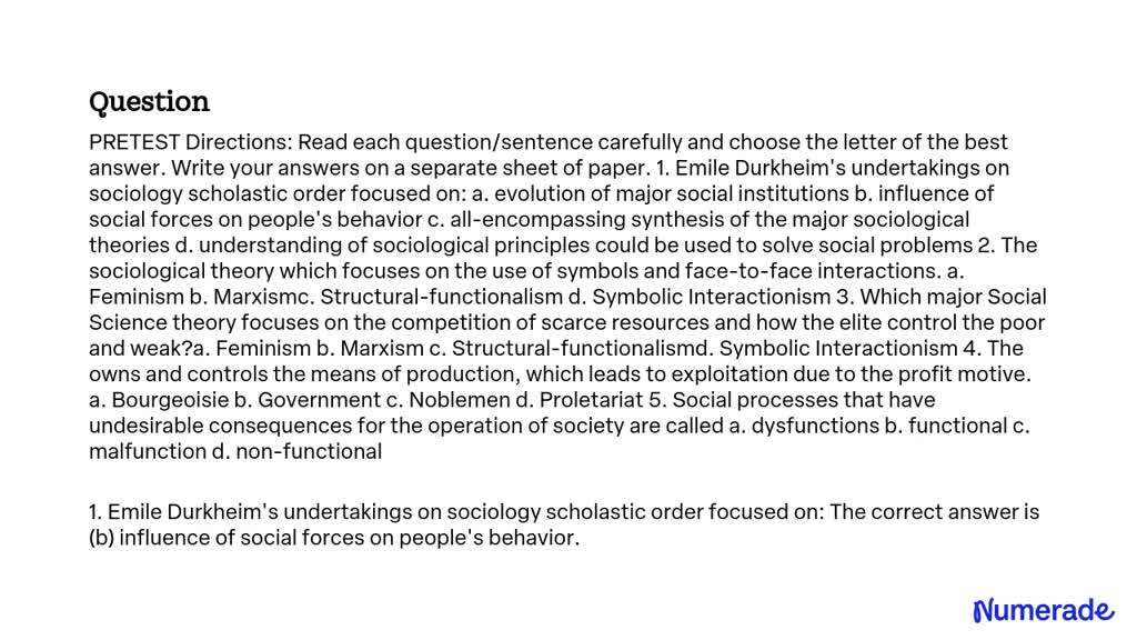 SOLVED: PRETEST Directions: Read each question/sentence carefully and choose the letter of the 