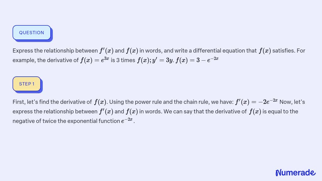 SOLVED:Express the relationship between f^'(x) and f(x) in words, and ...