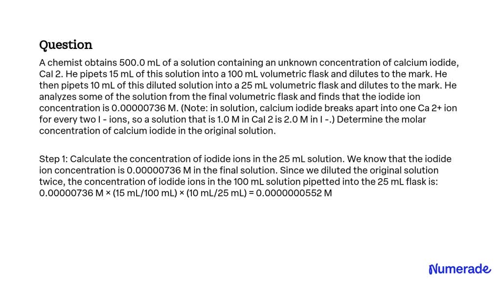 SOLVED: A chemist obtains 500.0 mL of a solution containing an unknown ...