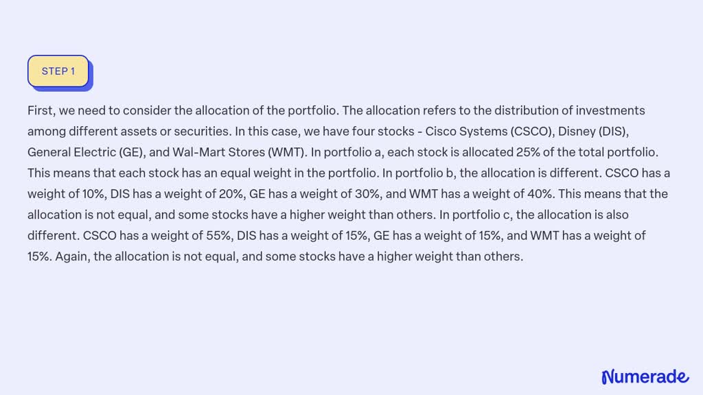 SOLVED:a. Cisco Systems (CSCO)(25 %), Disney (DIS) (25%), General ...