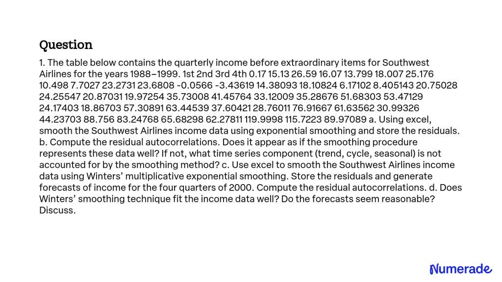 SOLVED: The table below contains the quarterly income before ...