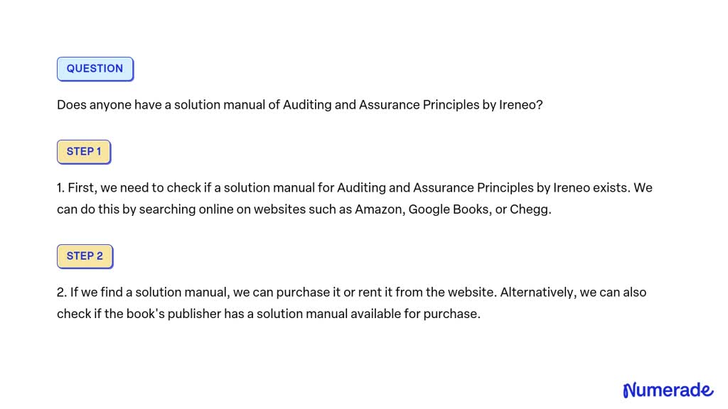 Does anyone have a solution manual of Auditing and Assurance Principles by Ireneo?