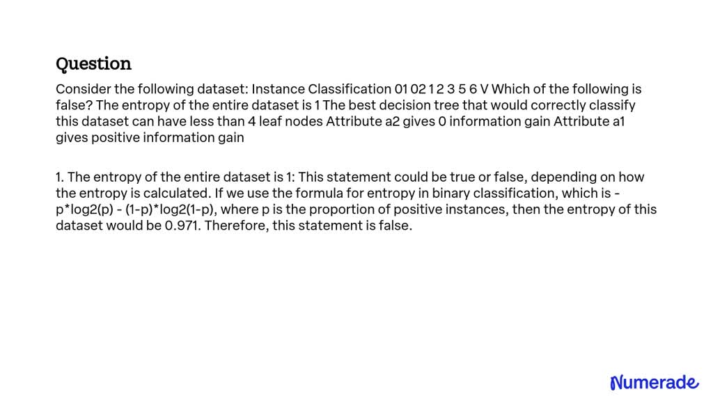 Solved Consider The Following Dataset Instance Classification 01 02 1 2 3 5 6 V Which Of The 8979