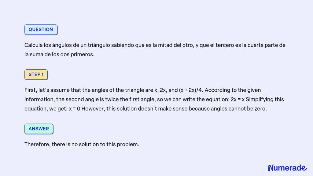 SOLVED Calcula los ángulos de un triángulo sabiendo que es la mitad