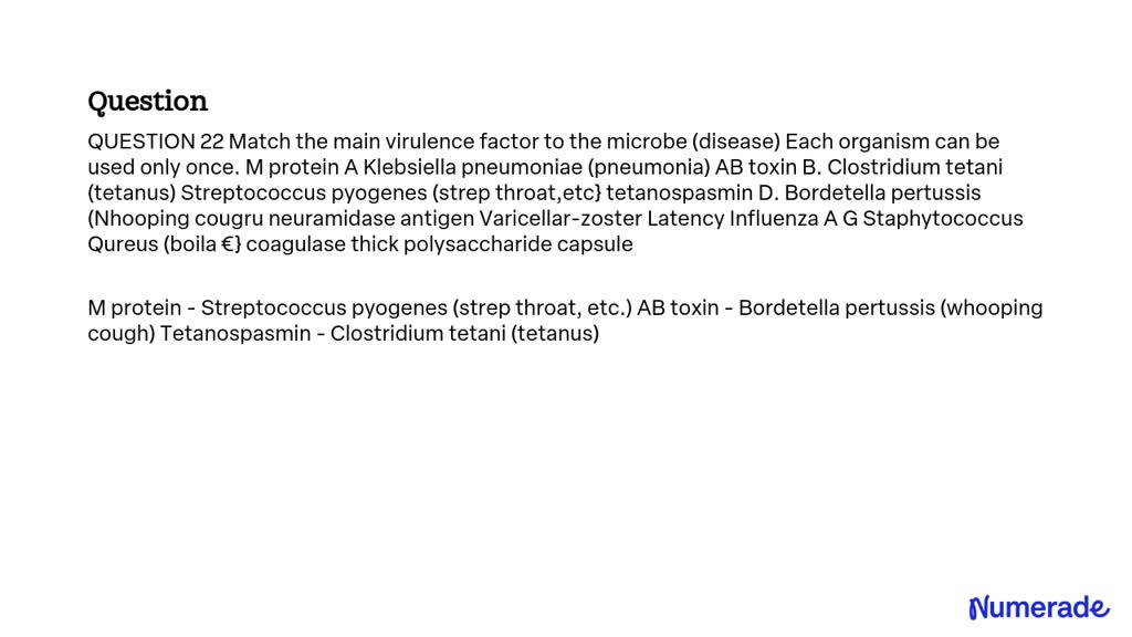 SOLVED: QUESTION 22 Match the main virulence factor to the microbe ...