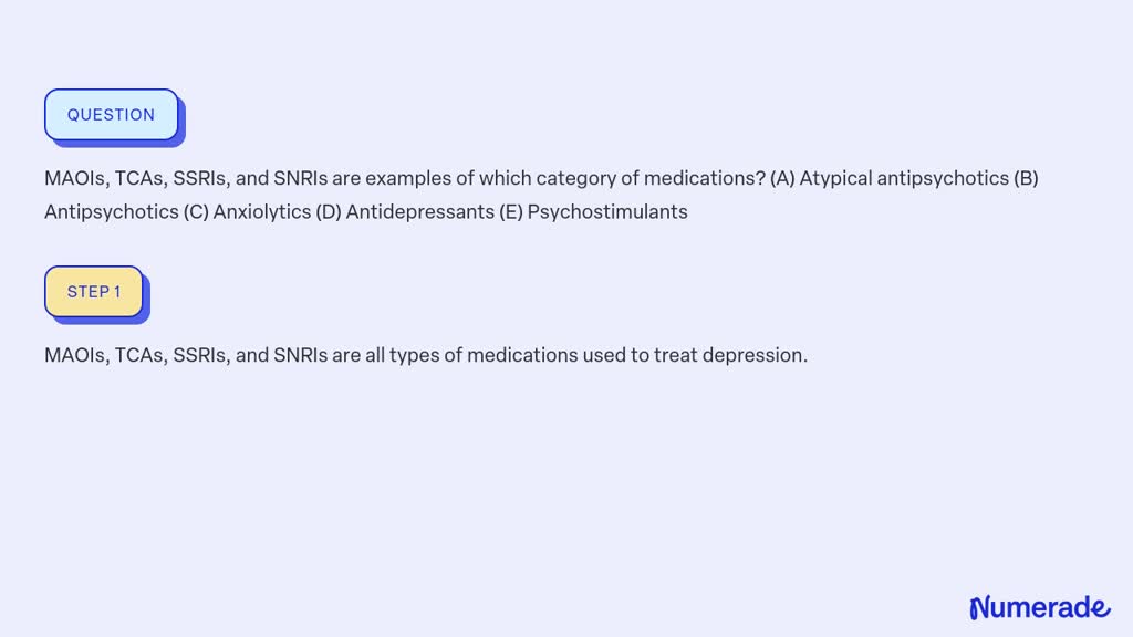 ⏩SOLVED:MAOIs, TCAs, SSRIs, And SNRIs Are Examples Of Which Category ...