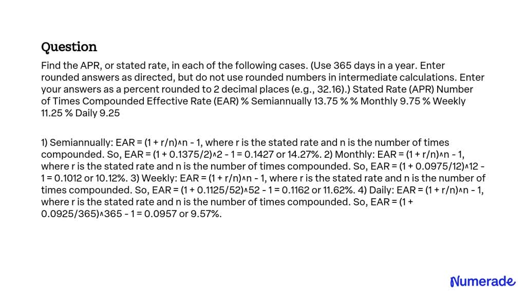 Video Solution: Find The Apr, Or Stated Rate, In Each Of The Following 