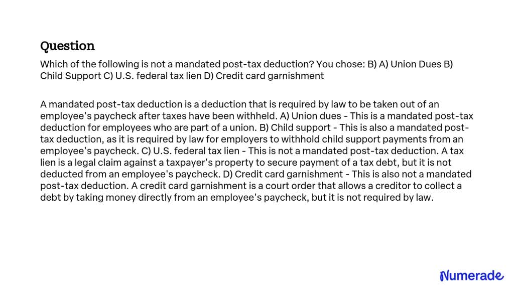 SOLVED: Which Of The Following Is Not A Mandated Post-tax Deduction ...