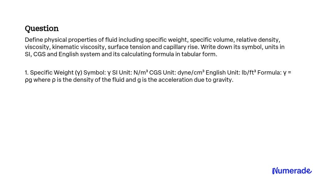 SOLVED: Define physical properties of fluid including specific weight ...