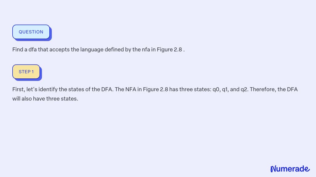 ⏩SOLVED:Find a dfa that accepts the language defined by the nfa in ...