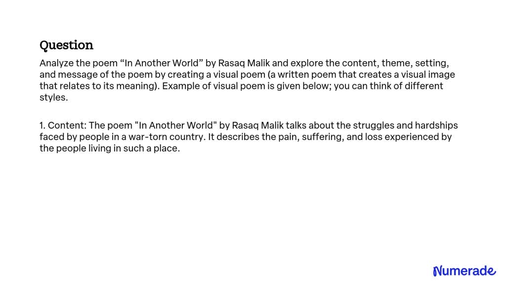 Solved Analyze The Poem “in Another World” By Rasaq Malik And Explore The Content Theme