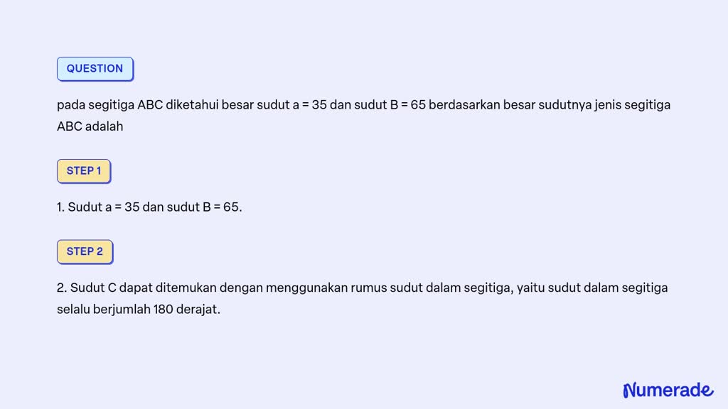 SOLVED: Pada Segitiga ABC Diketahui Besar Sudut A = 35 Dan Sudut B = 65 ...