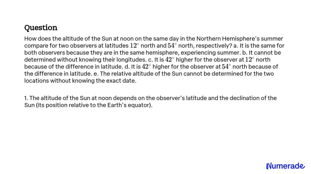 SOLVED:How does the altitude of the Sun at noon on the same day in the ...