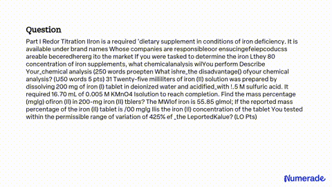 A different brand of iron tablet was analysed by Hitration with 0.0093  mol.L potassium dichromate via the 