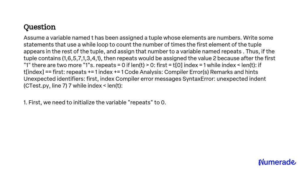 SOLVED: Assume A Variable Named "t" Has Been Assigned A Tuple Whose ...