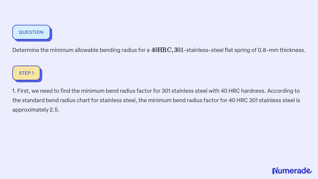 SOLVED:Determine the minimum allowable bending radius for a 40 HRC, 301 ...