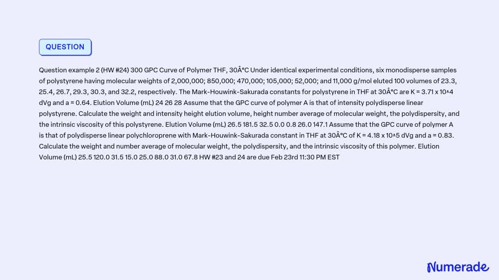 SOLVED: Question example 2 (HW #24) 300 GPC Curve of Polymer THF, 30Â°C ...