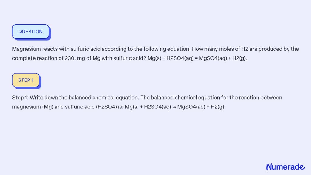 Solved Magnesium Reacts With Sulfuric Acid According To The Following Equation How Many Moles