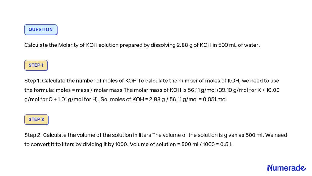 calculate the molarity of koh in the solution prepared by dissolving