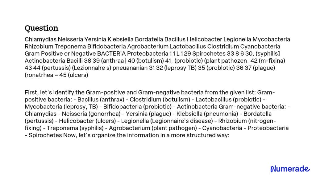 SOLVED: Chlamydia Neisseria Yersinia Klebsiella Bordetella Bacillus ...